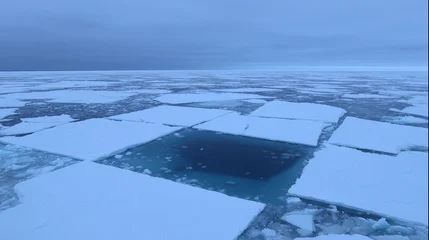 Selbstklebende Fototapeten Gletscher A vast Antarctic glacier with a massive, geometric blue void in the ice, under a troubled, melancholic sky.  © 橙成 zhang