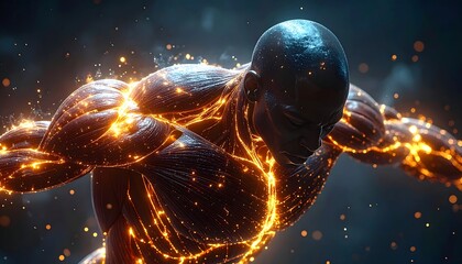 A bald, muscular figure, illuminated by bright, fiery energy lines across its body, creating an abstract, powerful artistic display