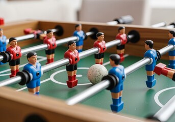 Close-up of foosball table game with red and blue players