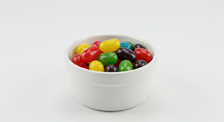 A white bowl filled with colorful jelly beans on a white background.