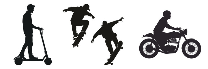 set of 5 urban transport and sport silhouette icons isolated design