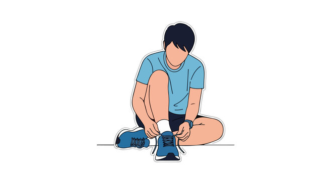 Minimalist illustration of a young man tying his shoelaces before a workout session showcasing preparation and focus on fitness routines