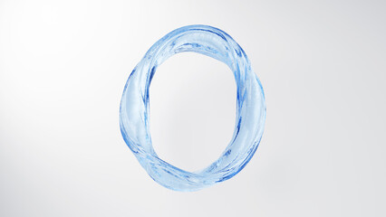 3D Illustration.A circular light blue liquid on a white background. The number 0. Twisted water. (Horizontal)