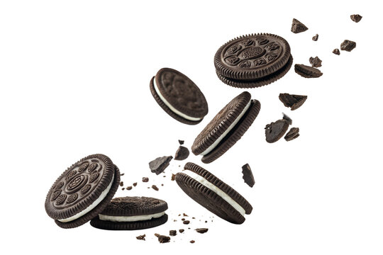 Delicious oreos and cookie crumbs in mid air against a black background
