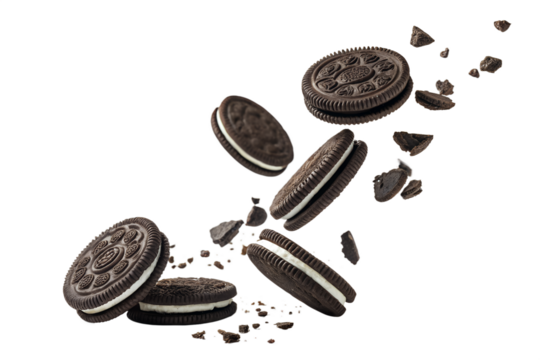 Delicious oreos and cookie crumbs in mid air against a black background