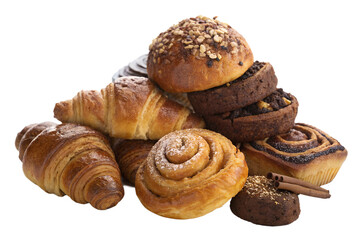 Fototapeta premium Assortment of freshly baked pastries and breads on a dark background