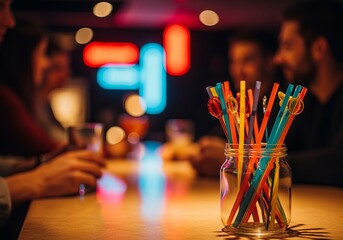 Friends gathering at bar with colorful drink stirrers in glass jar