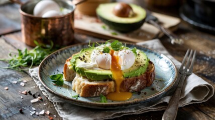 Crusty loaf artisan sourdough toast with fresh avocado slices and perfectly poached eggs with golden runny yolk flowing garnished with microgreens