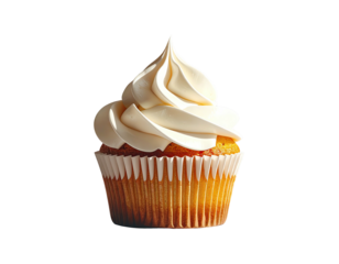 Creamy vanilla cupcake with a tall, swirled frosting peak