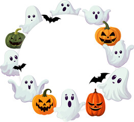 Vector circle frame with ghosts and orange Jack pumpkins for Halloween design isolated on white background