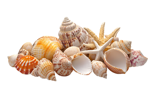 Collection of various seashells and starfish isolated on transparent background