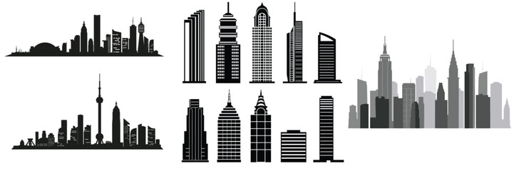 set of 10 city skyline silhouette icons isolated on white background