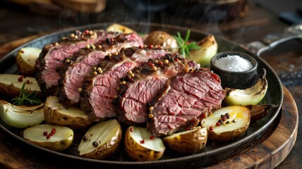 Smoked beef chuck sliced medium-rare on cast iron platter with roasted potatoes, colorful peppercorns and fresh herb garnish for gourmet dining