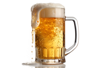 Frothy beer mug overflowing with golden lager