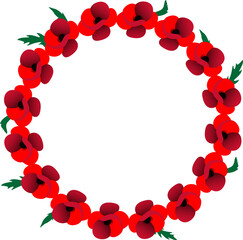 Vector illustration of circle frame with red poppies and green leaves on white background