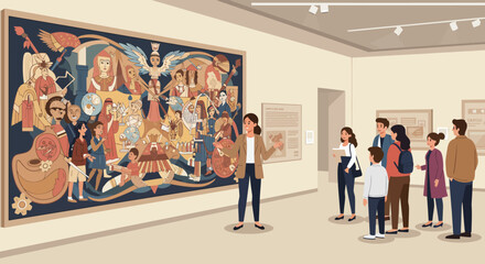 Vector flat design of a female guide explaining a large educational mural to a group of visitors in a museum, cultural learning environment, clean and professional illustration