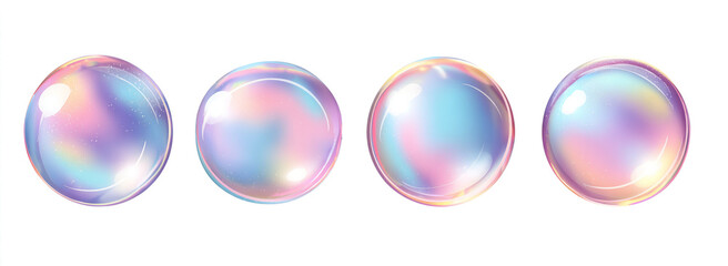Colorful Iridescent Bubbles Floating on White Background