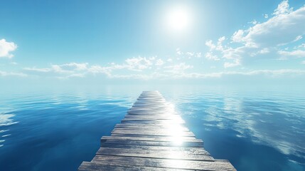 Wooden pier stretching into endless ocean under bright sunny sky, inviting journey and tranquility