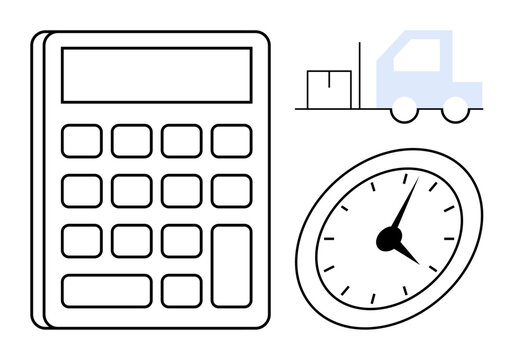 Calculator, analog clock, and delivery truck outline convey efficiency, logistics, time tracking, and cost calculation. Ideal for logistics, business planning, cost estimation time management