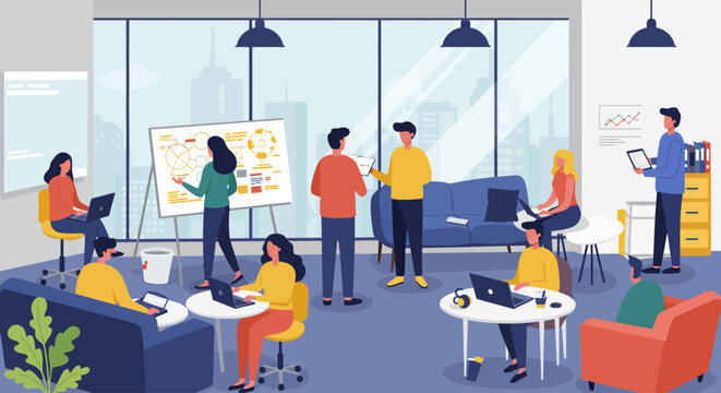 Vector flat illustration of students learning together in classroom with teacher, modern minimal style