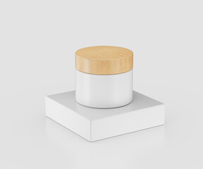Elegant white cosmetic jar with natural wooden lid on a minimalist white