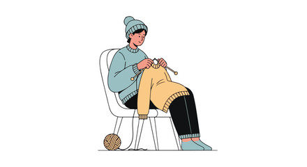 Illustration showcasing a person seated in a chair intently knitting a cozy sweater, a ball of yarn rests nearby suggesting a relaxing and creative