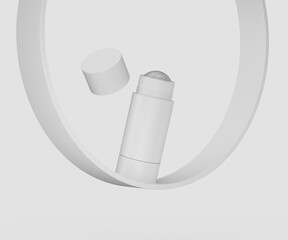 White roll on deodorant and cap in clean, modern product display 3d illustration