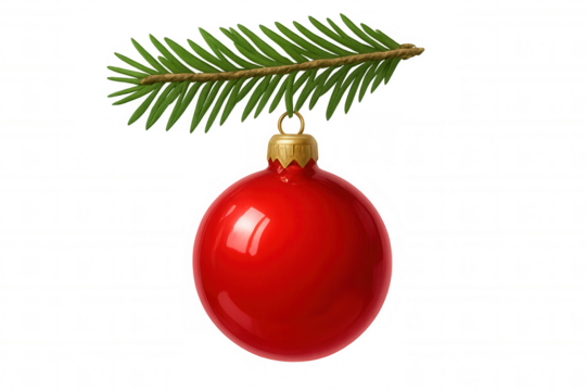 Red christmas ornament hanging on a fir tree branch, celebrating festive holiday season, isolated on transparent background