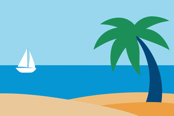 Fototapeta premium Simple illustration of a white sailboat on blue ocean near sandy beach and palm tree