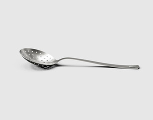 Isolated stainless steel slotted spoon, essential kitchenware tool. 3d illustration