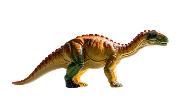 Dinosaur toy, profile view, orange-tan scales