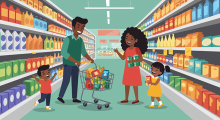 Vector illustration of family shopping in supermarket, flat design colorful style
