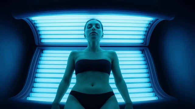 A woman in a black bikini stands inside a blue-lit tanning bed.