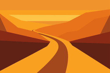 Winding desert road through abstract orange hills under a warm sunset sky
