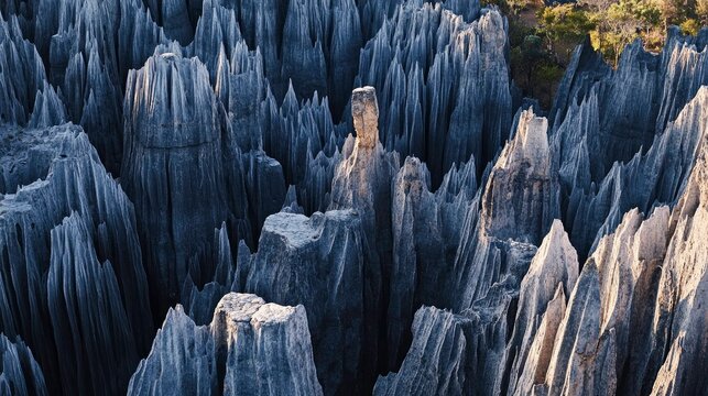 The "Tsingy" limestone karst formations of Madagascar, a forest of razor-sharp, vertical rock needles, creating an impassable and alien landscape, hyper-detailed, dramatic textures. 