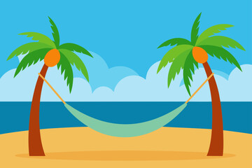 Fototapeta premium Tropical beach scene with two palm trees and a hammock strung between them over the sand