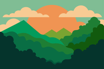 Stylized flat illustration of rolling green hills and mountains under a warm orange sun and soft clouds