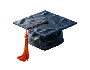 Dark graduation cap with textured surface and orange tassel