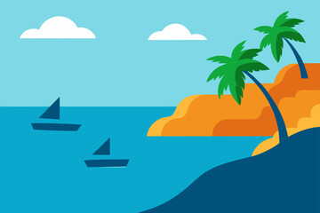 Obraz premium Stylized tropical island scene with palm trees sailboats and clouds over the ocean