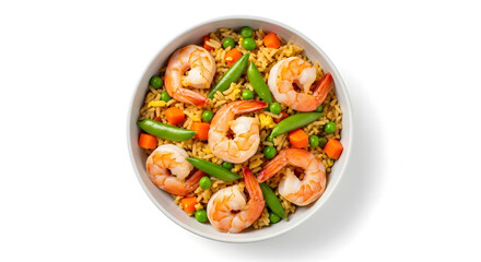 Appetizing Shrimp Fried Rice with Colorful Vegetables Isolated on White Background, Top View