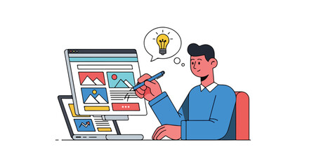 Creative concept in modern design: Illustrator working on website layout with a digital pen, fostering design thinking and innovation through