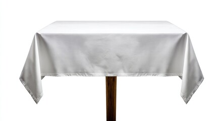 Table with a smooth white tablecloth on a center wooden leg, isolated against a plain background, showing folds and details of the material