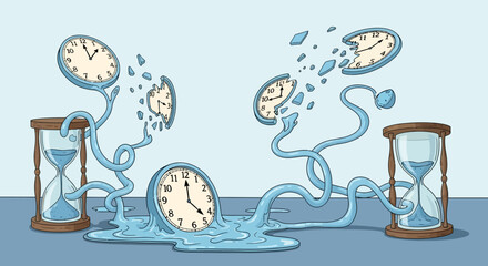 Surreal Time - Melting Clocks and Flowing Sand Timers in a Dreamlike Scene.