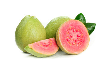 Fresh Pink Guava Fruit with Slices and Green Leaves on White Background