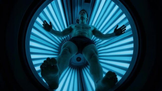 A man lying inside a circular tanning bed illuminated by blue UV lamps, viewed from below.