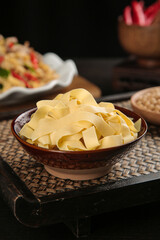 Fresh Handmade Tofu Skin Sheets in Ceramic Bowl Traditional Asian Ingredient Raw Protein Food Kitchen Preparation