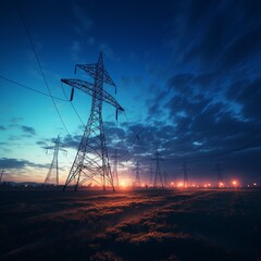 High voltage power transmission towers at sunset with glowing sky