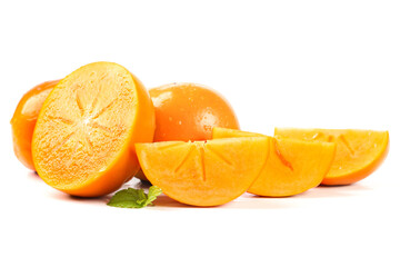 Fresh Orange Persimmon Fruit Slices on White Background - Healthy Natural Food Photography