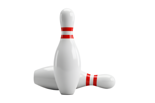 A standing bowling pin with another lying on the ground in front of it. 3d rendering, transparent background