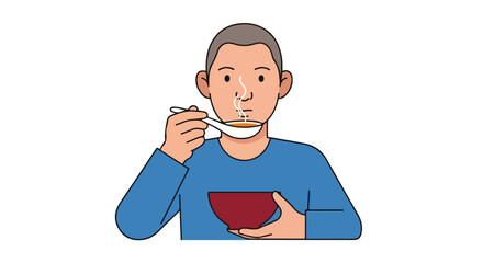 Illustration of a man enjoying a steaming bowl of soup with a spoon, showing simple contentment and relaxation associated with mealtime and
